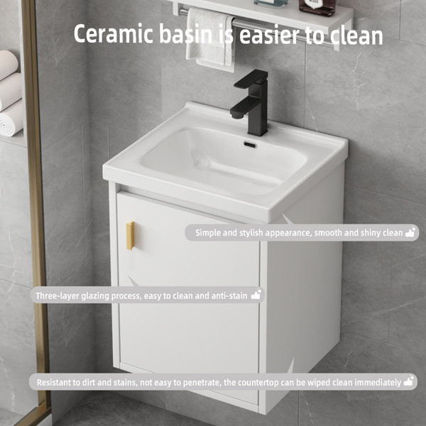 Ebern Designs Lavabo De Salle De Bain Mural En Céramique Avec 2 Portes A Fermeture Douce Et Contreplaque C113338512